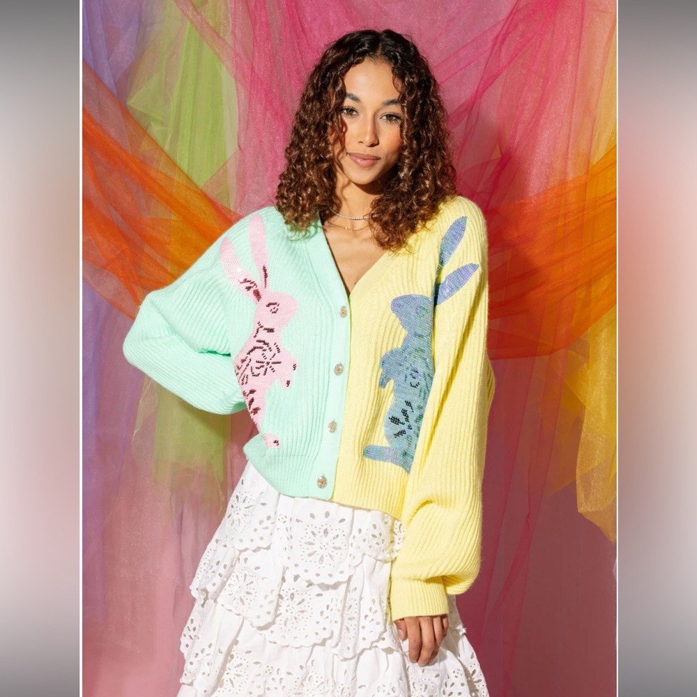 Queen of Sparkles Pastel Colorblock Bunny Cardigan Size Small